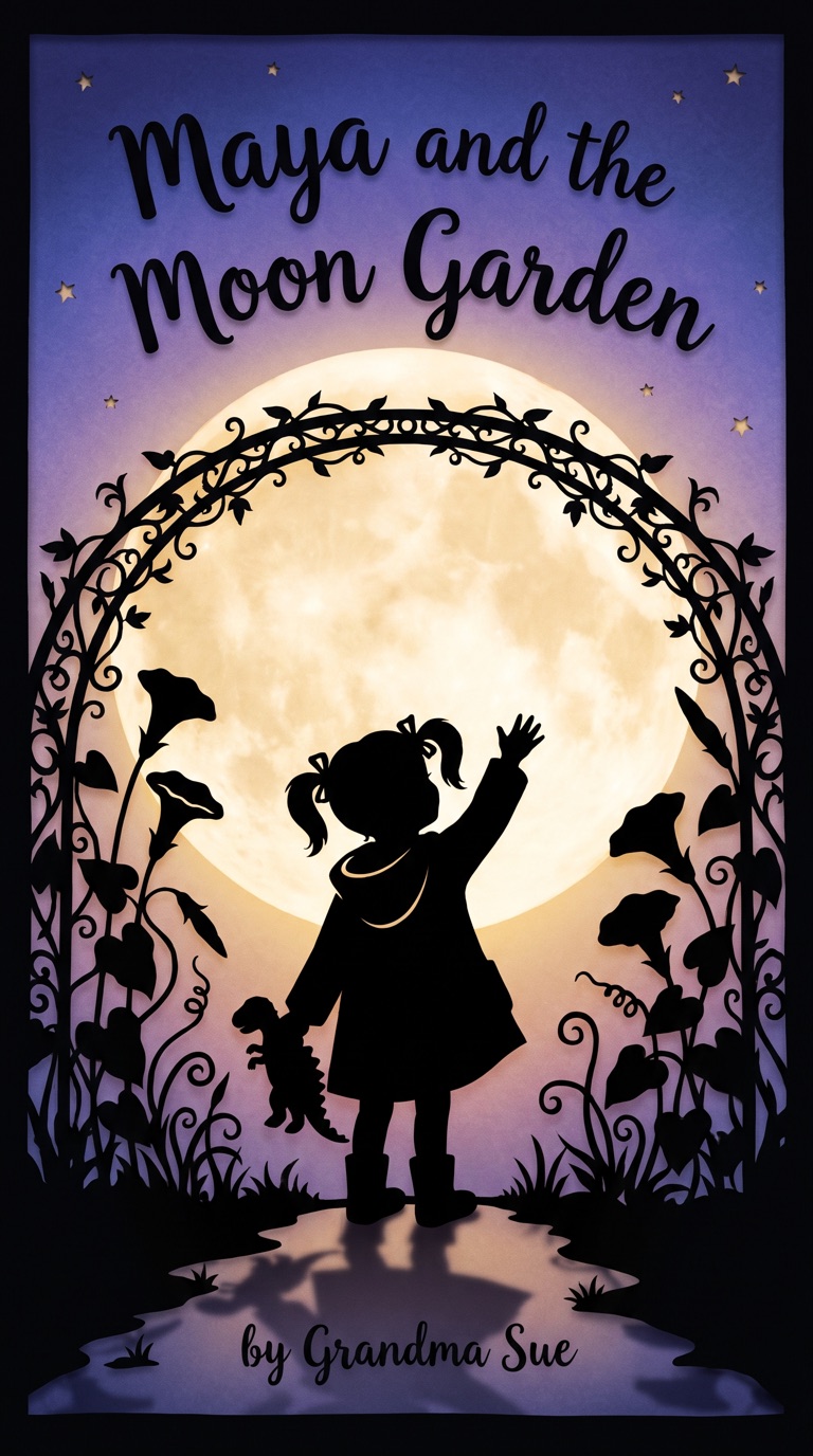 Book cover in silhouette: a girl waves at a full moon through an arch of flowers, under the title Maya and the Moon Garden, by Grandma Sue.