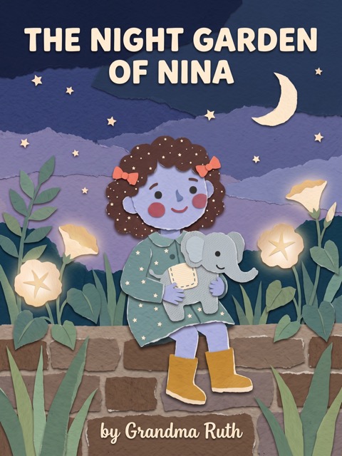 Book cover, torn-paper collage: a girl sits on a garden wall at night holding a knitted elephant, under the title The Night Garden of Nina, by Grandma Ruth.